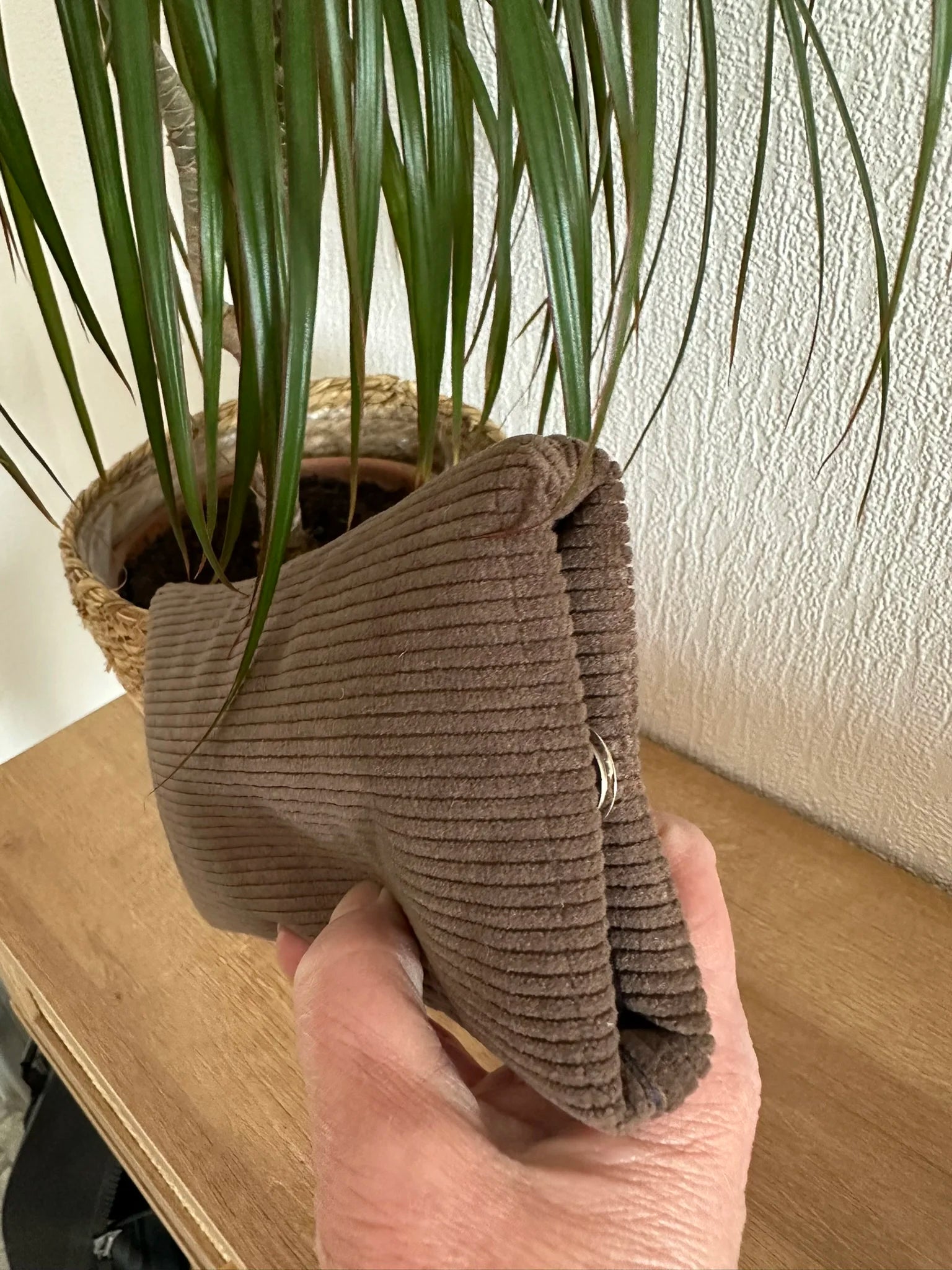 L'étui à lunettes en velours cotelé marron chamois, fermé.