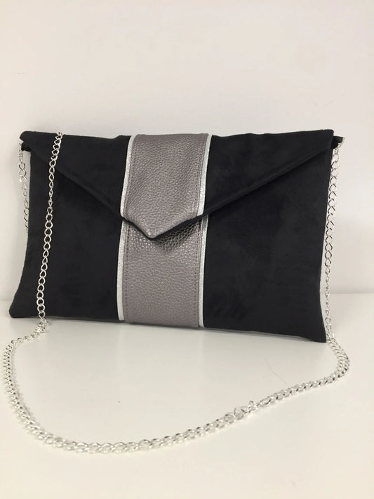 Le sac pochette Isa noir et gris irisé à liseré argenté, face avant.