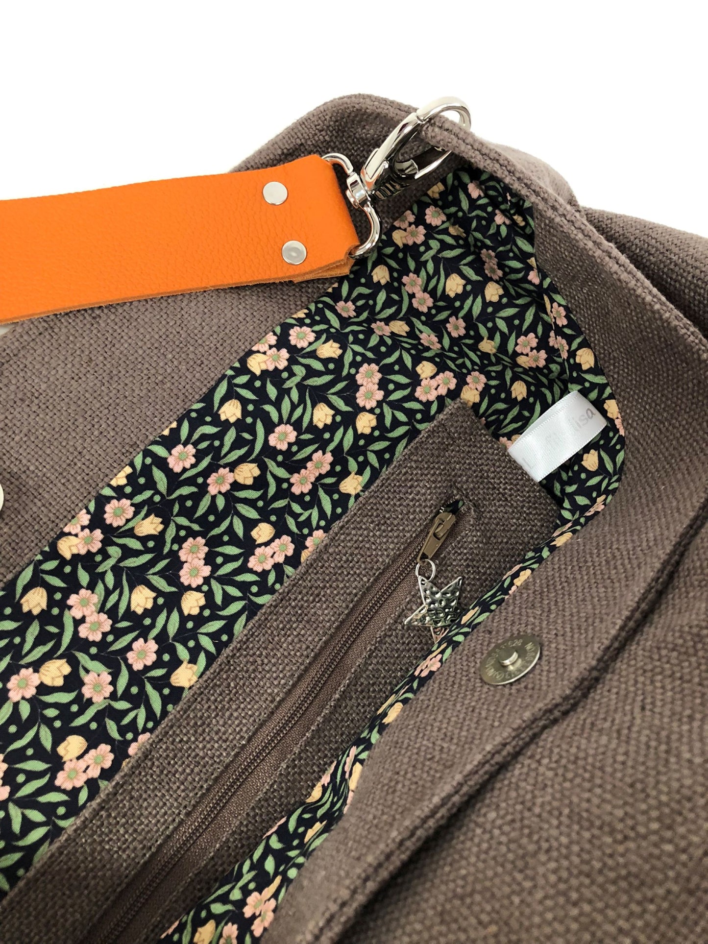 Sac Hobo en lin marron terre, anse cuir orange