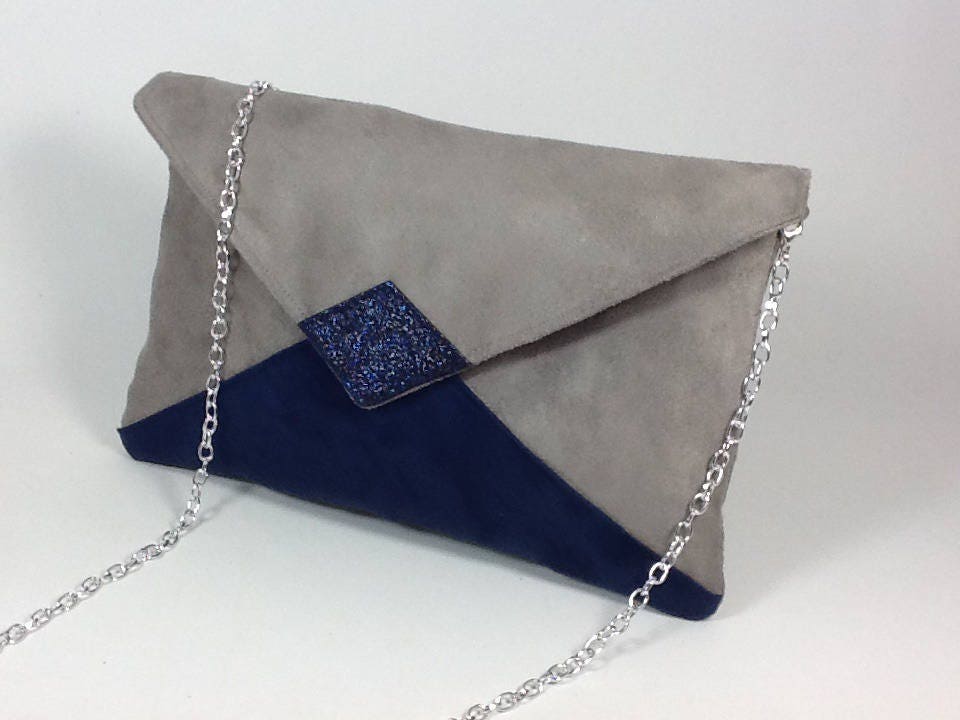Sac pochette Isa gris taupe et bleu marine à paillettes