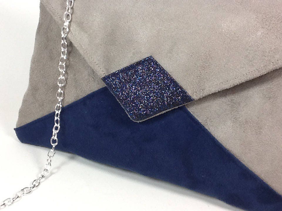 Sac pochette Isa gris taupe et bleu marine à paillettes