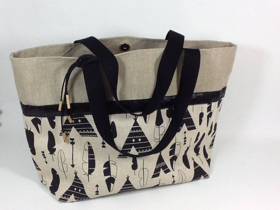 Sac cabas Isa en lin à motifs ethnique et paillettes noires
