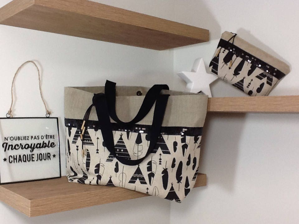 Sac cabas Isa en lin à motifs ethnique et paillettes noires