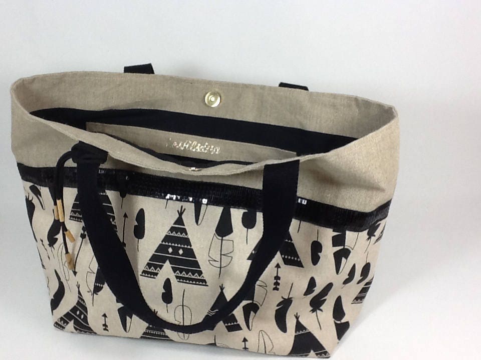 Sac cabas Isa en lin à motifs ethnique et paillettes noires