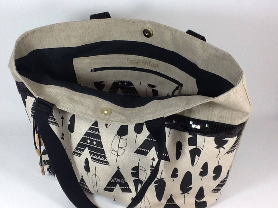 Sac cabas Isa en lin à motifs ethnique et paillettes noires