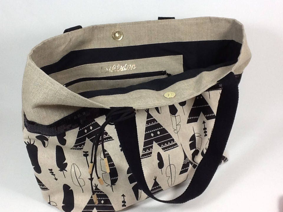 Sac cabas Isa en lin à motifs ethnique et paillettes noires