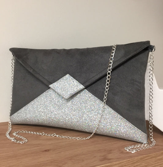 Sac pochette Isa gris souris à paillettes argentées