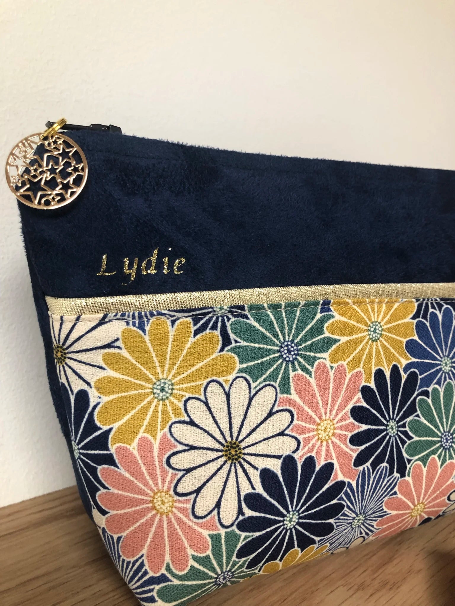Blue makeup bag in floral Japanese fabric Kiku⎪Lesfilsdisa
