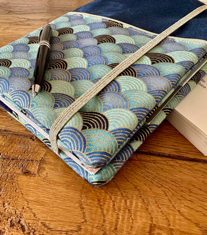 Les petites vagues dorées et turquoise du protège agenda bleu marine en tissu Seigaiha turquoise.