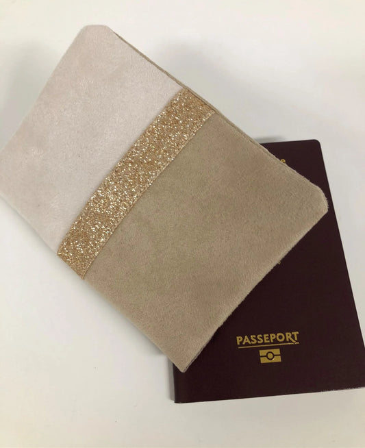 Ecru and beige passport cover with gold sequins