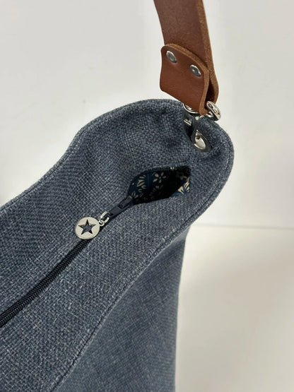 Hobo bag in blue linen, fawn or brown leather handle