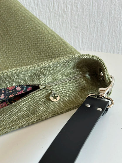 Sac Hobo en lin kaki, anse en cuir marron ou noir