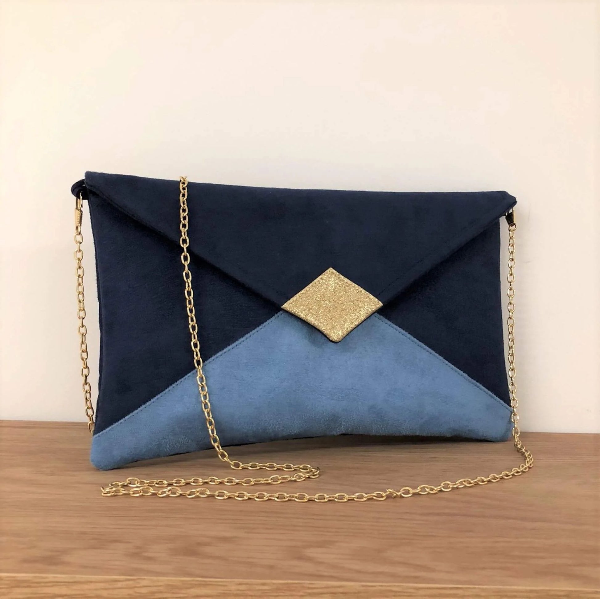 Navy blue sky blue and gold Isa clutch bag Lesfilsdisa