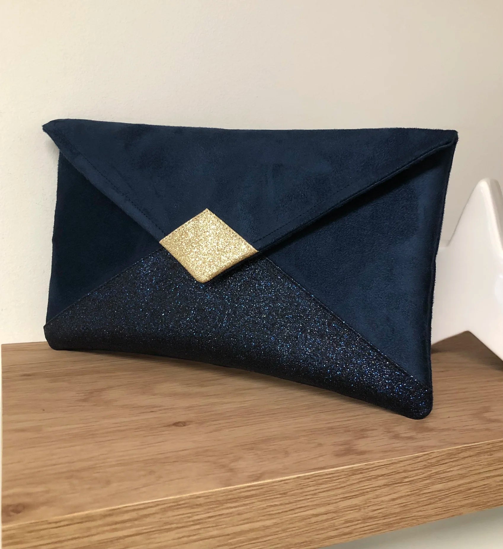 Navy Blue and Gold Isa Clutch Bag with Sequins Lesfilsdisa