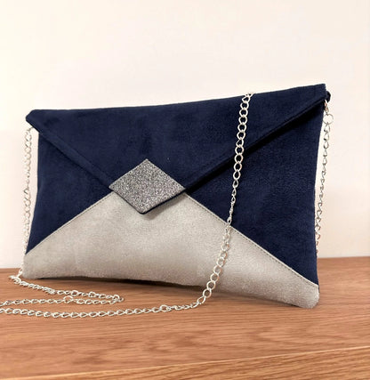 Navy blue and gray Isa clutch bag with silver sequins
