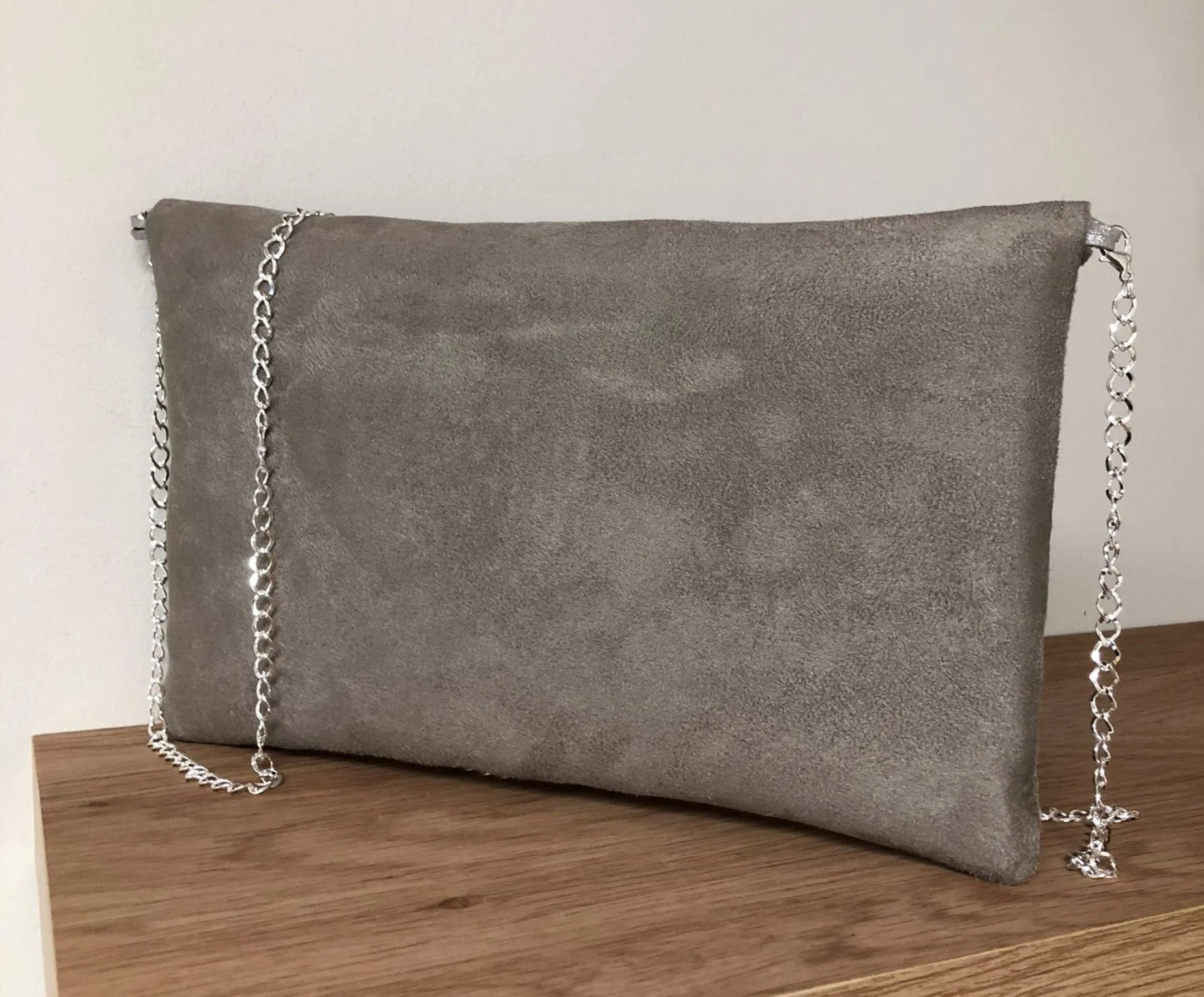 Isa clutch bag in taupe gray and ecru with silver sequins