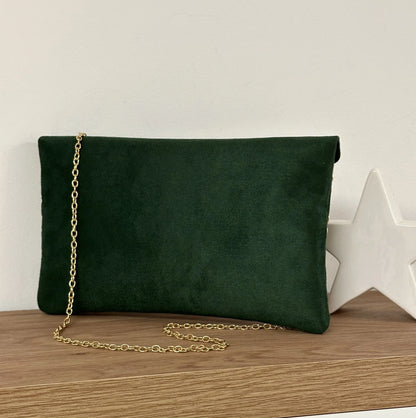 Le sac pochette Isa vert sapin et lin doré, face arrière.