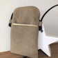 Beige, corduroy and leather phone pouch with shoulder strap