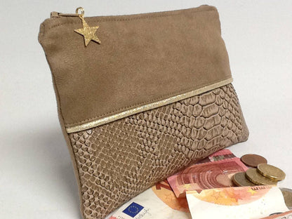 Camel and gold faux leather reptile coin purse