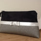 Black and gray make-up kit, silver bow / Elegant bag pouch in suede, imitation leather / Small customizable zipped pouch