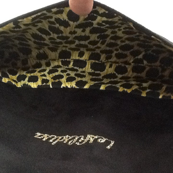 Isa clutch bag black and leopard with gold sequins