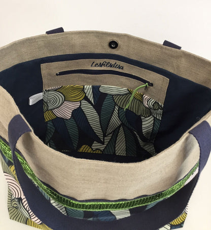 Isa shopping bag in linen with Arty flowers and green sequins