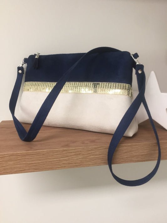 Isa shoulder bag in navy blue and ivory with gold sequins