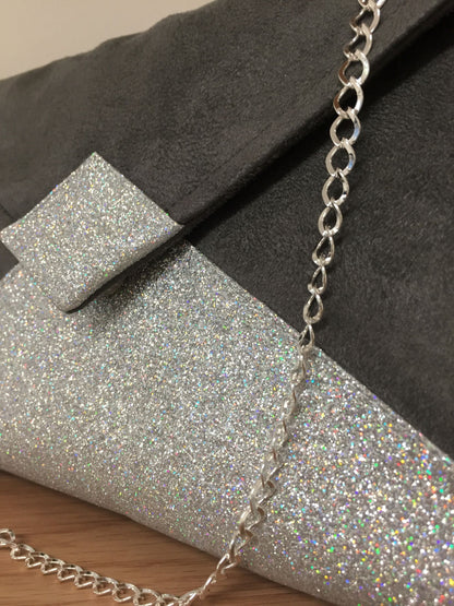 Mouse gray Isa clutch bag with silver sequins