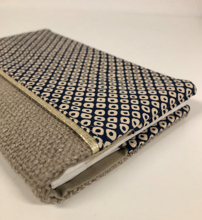 Checkbook holder in beige linen and blue Shibori Japanese fabric