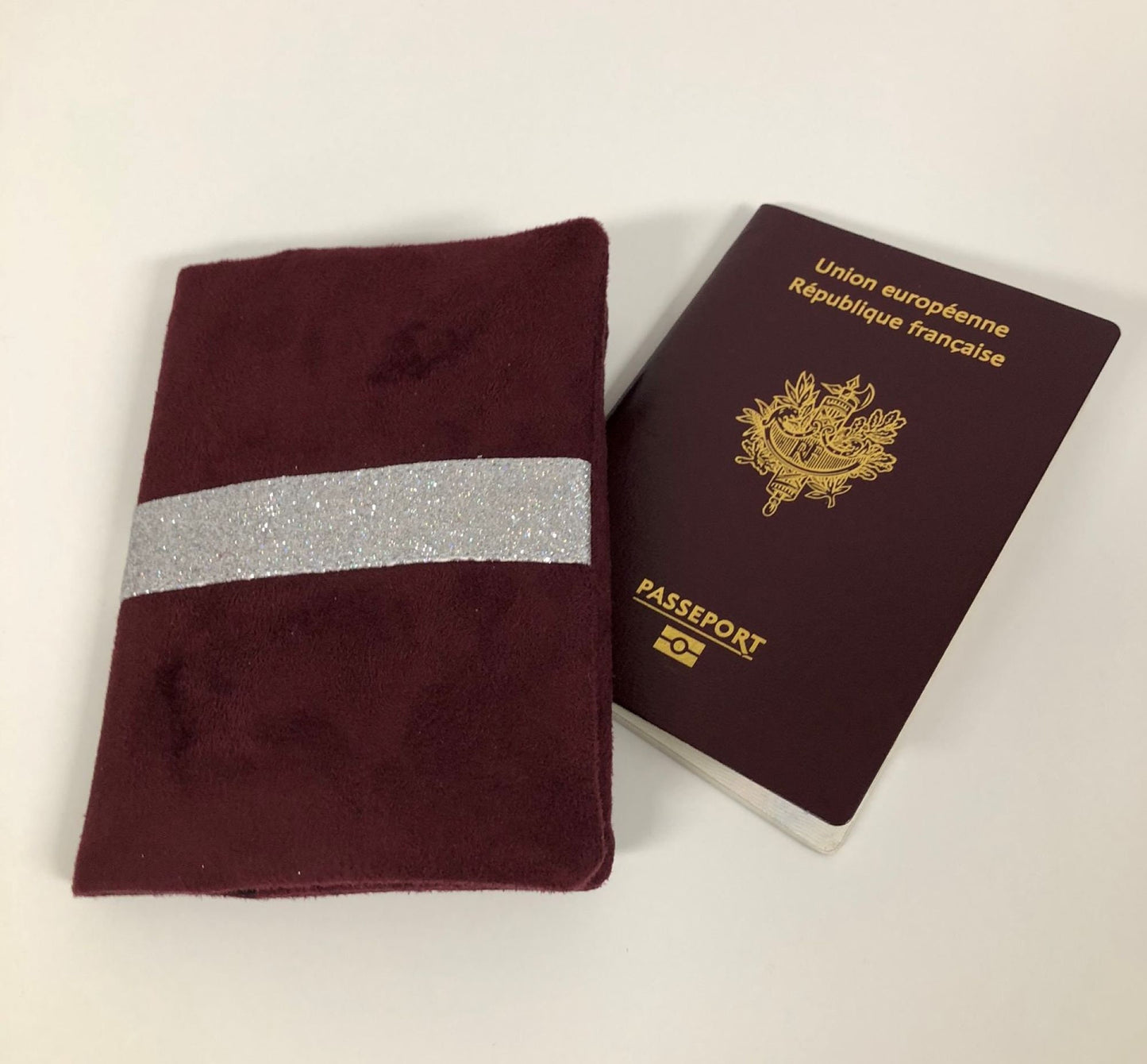 Burgundy passport cover with silver sequins