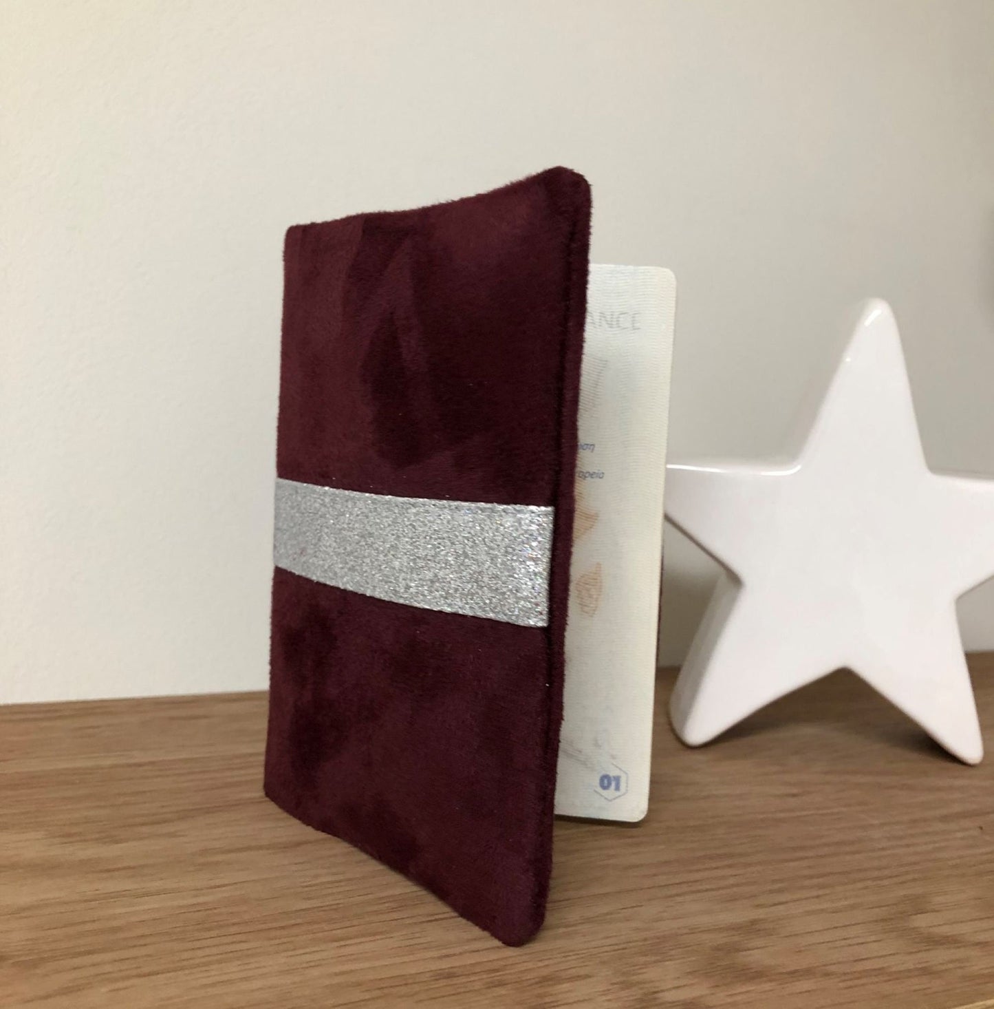 Burgundy passport cover with silver sequins