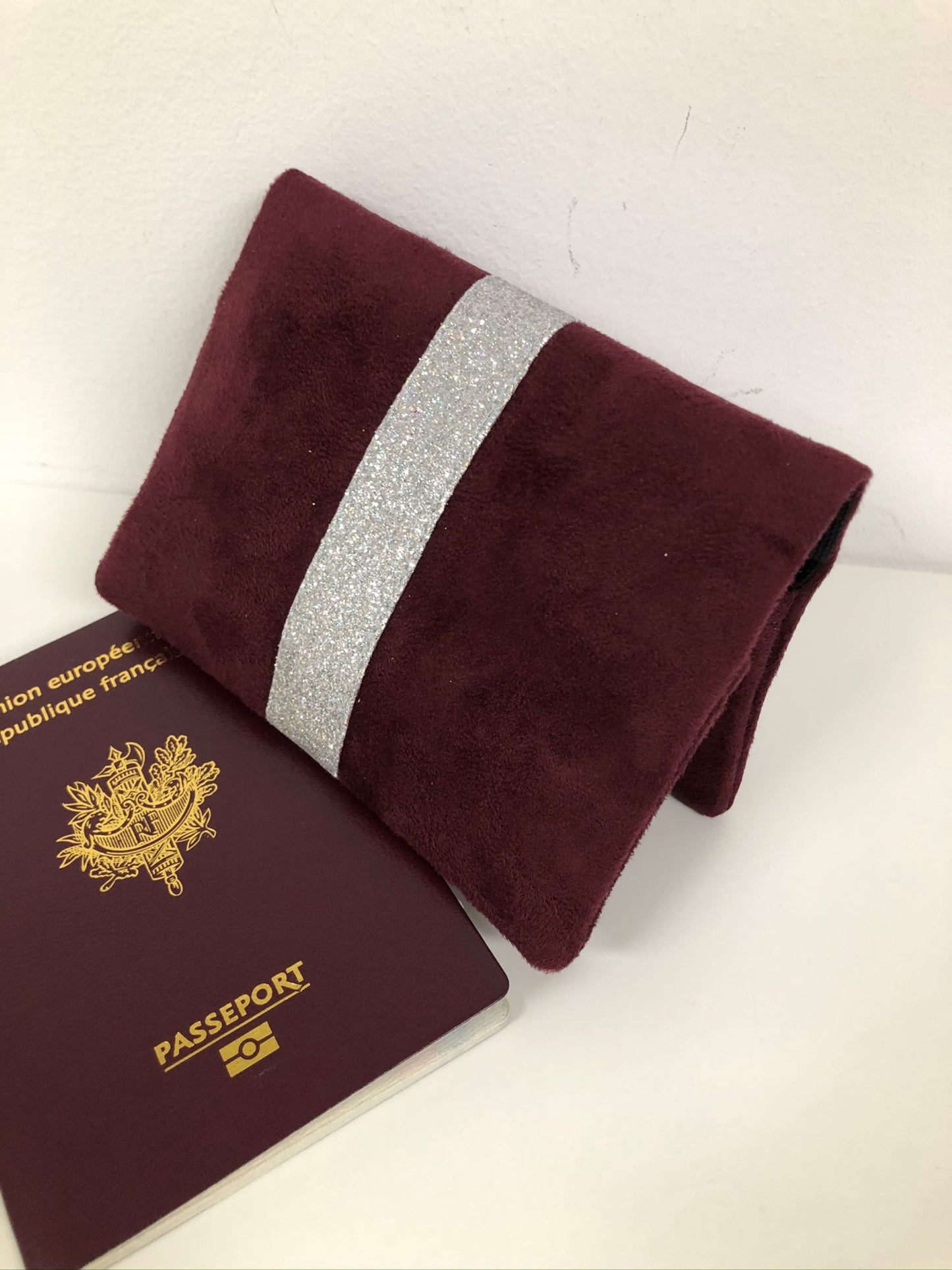 Burgundy passport cover with silver sequins