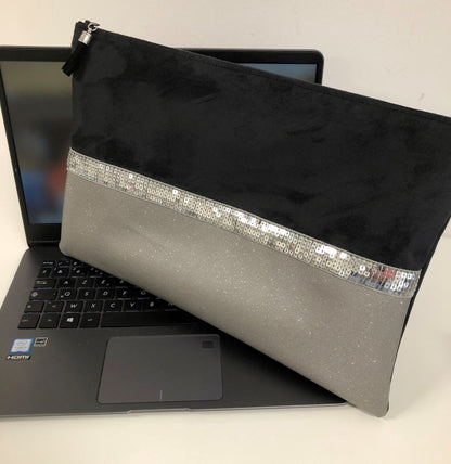 Black and gray laptop bag with silver sequins with charger pocket