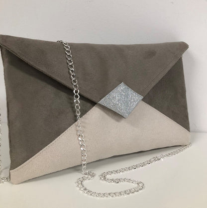 Isa clutch bag in taupe gray and ecru with silver sequins
