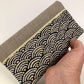 Checkbook holder in beige linen and midnight blue Japanese Seigaiha fabric