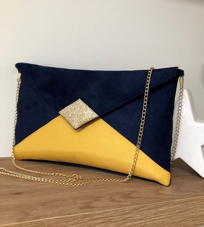 Navy blue and mustard yellow Isa clutch bag with gold sequins