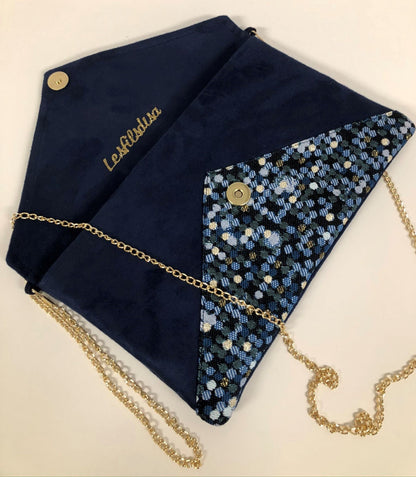 Isa clutch bag in navy blue and duck blue with gold sequins