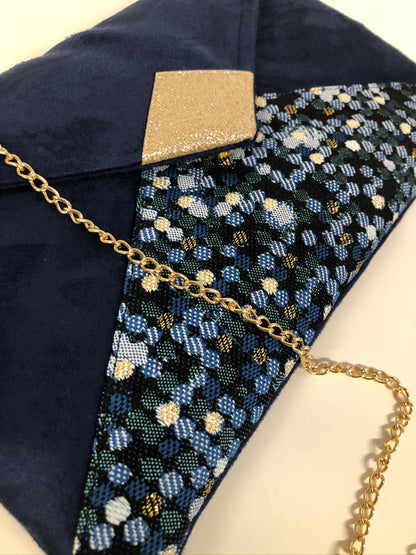 Isa clutch bag in navy blue and duck blue with gold sequins