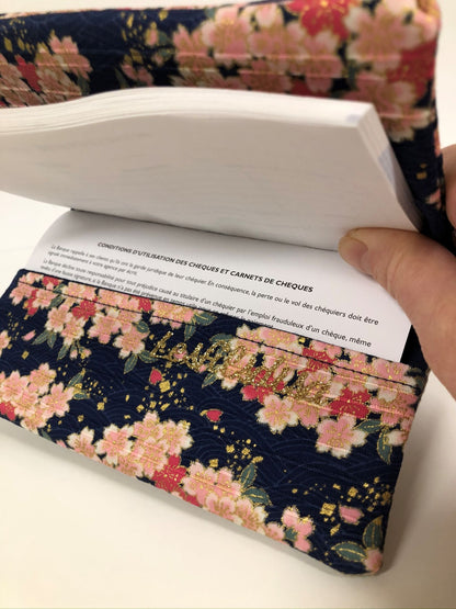 Checkbook holder in beige linen and Sakura floral Japanese fabric
