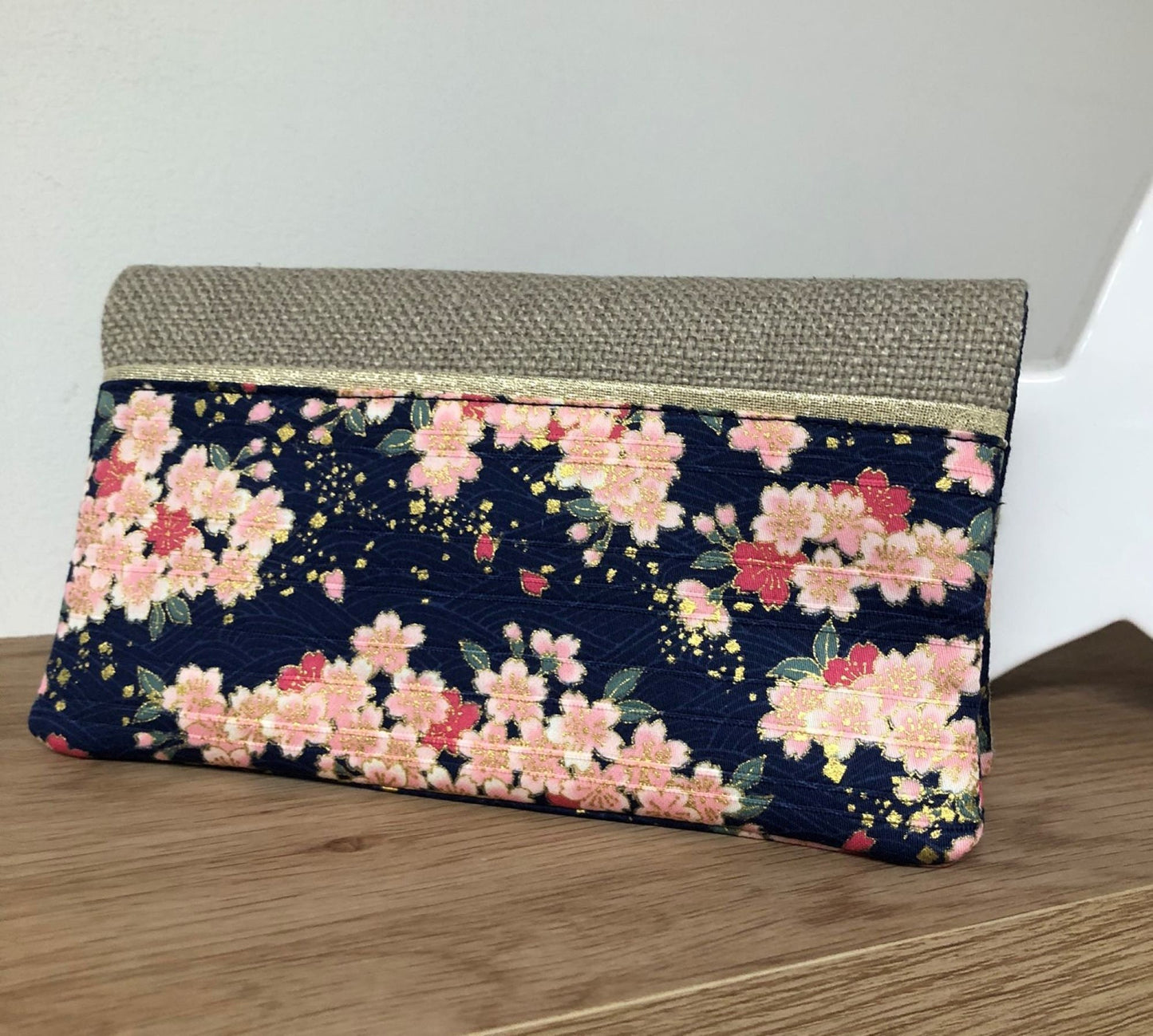 Checkbook holder in beige linen and Sakura floral Japanese fabric
