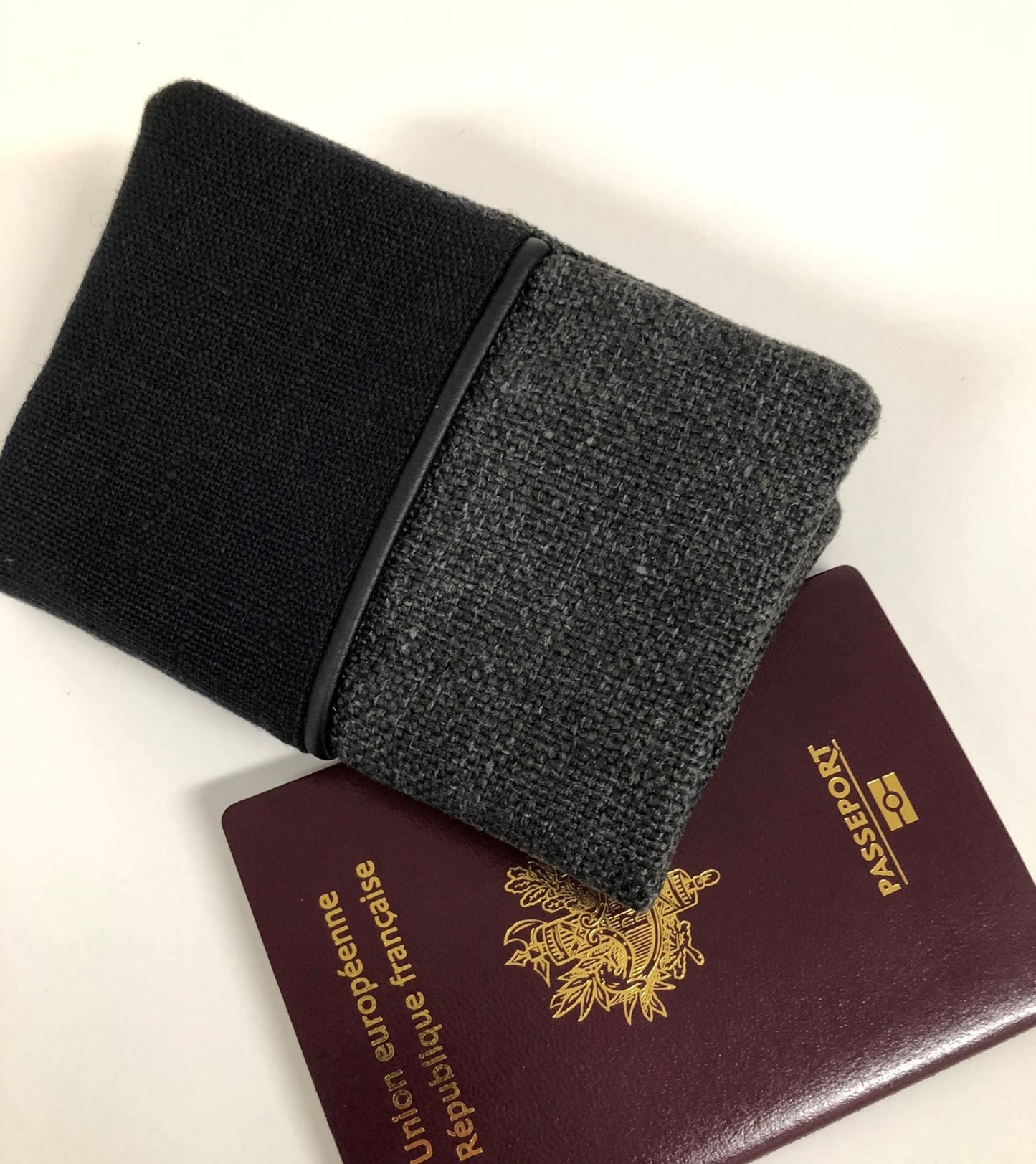 Charcoal gray and black linen passport cover