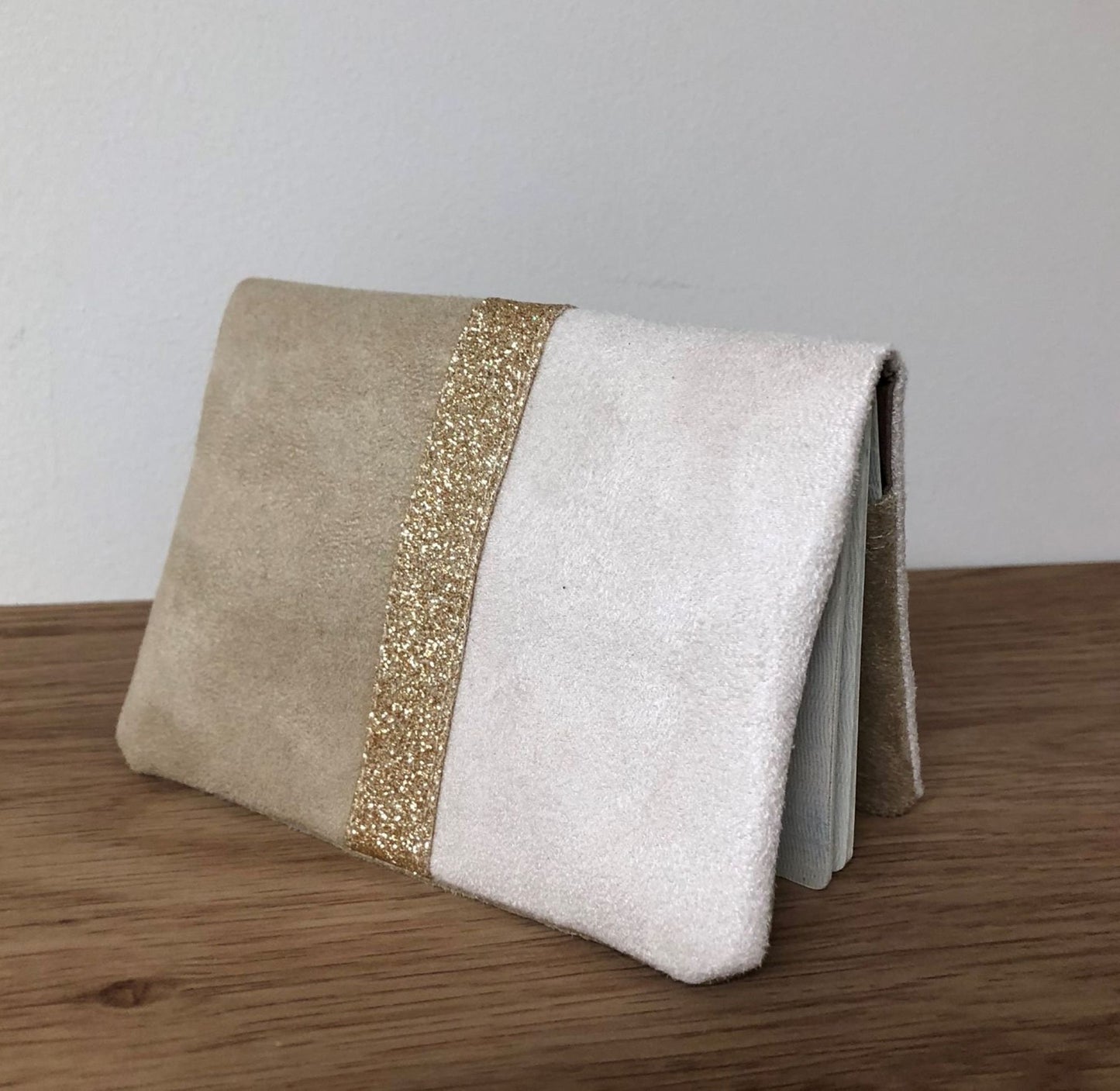 Ecru and beige passport cover with gold sequins