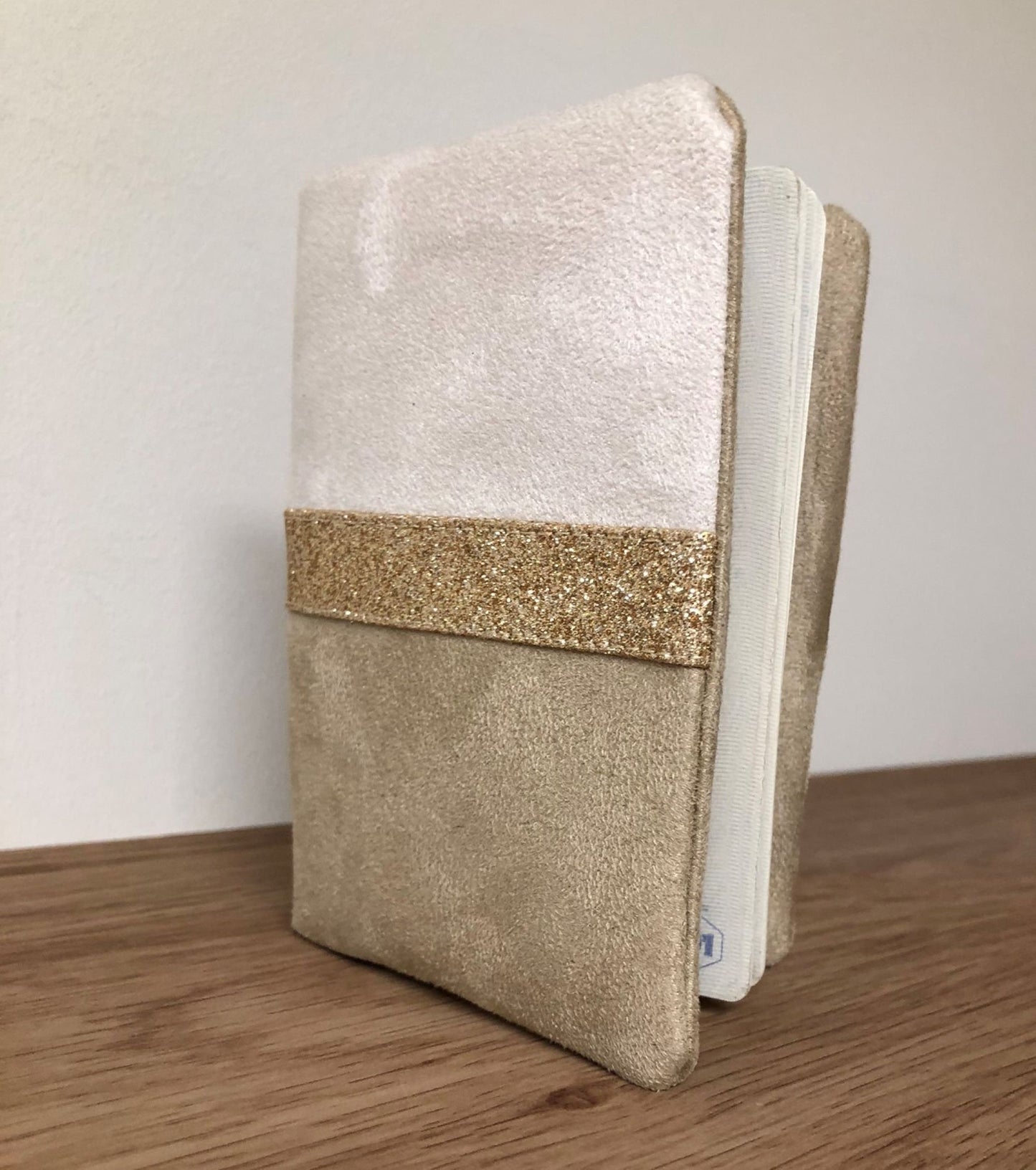 Ecru and beige passport cover with gold sequins