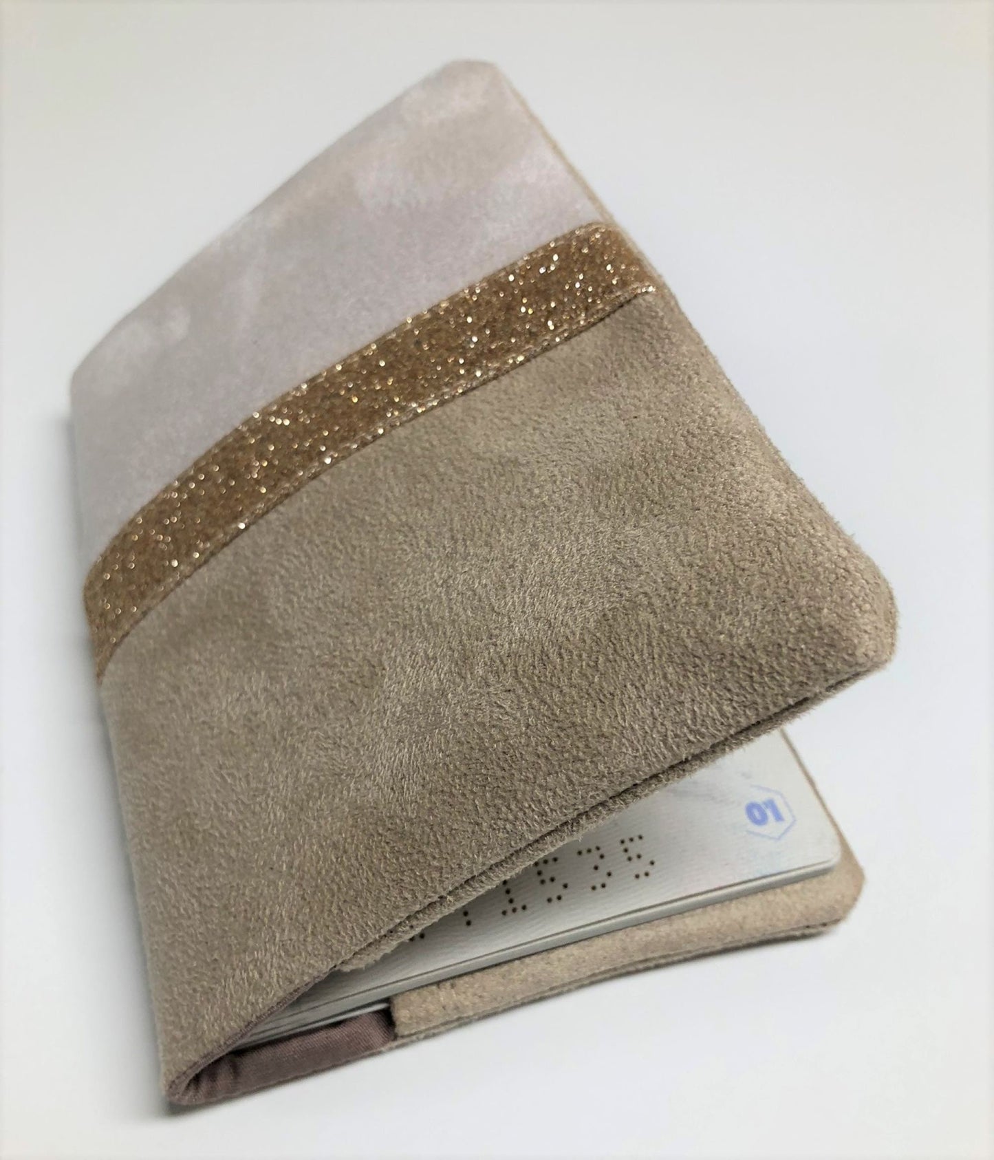 Ecru and beige passport cover with gold sequins