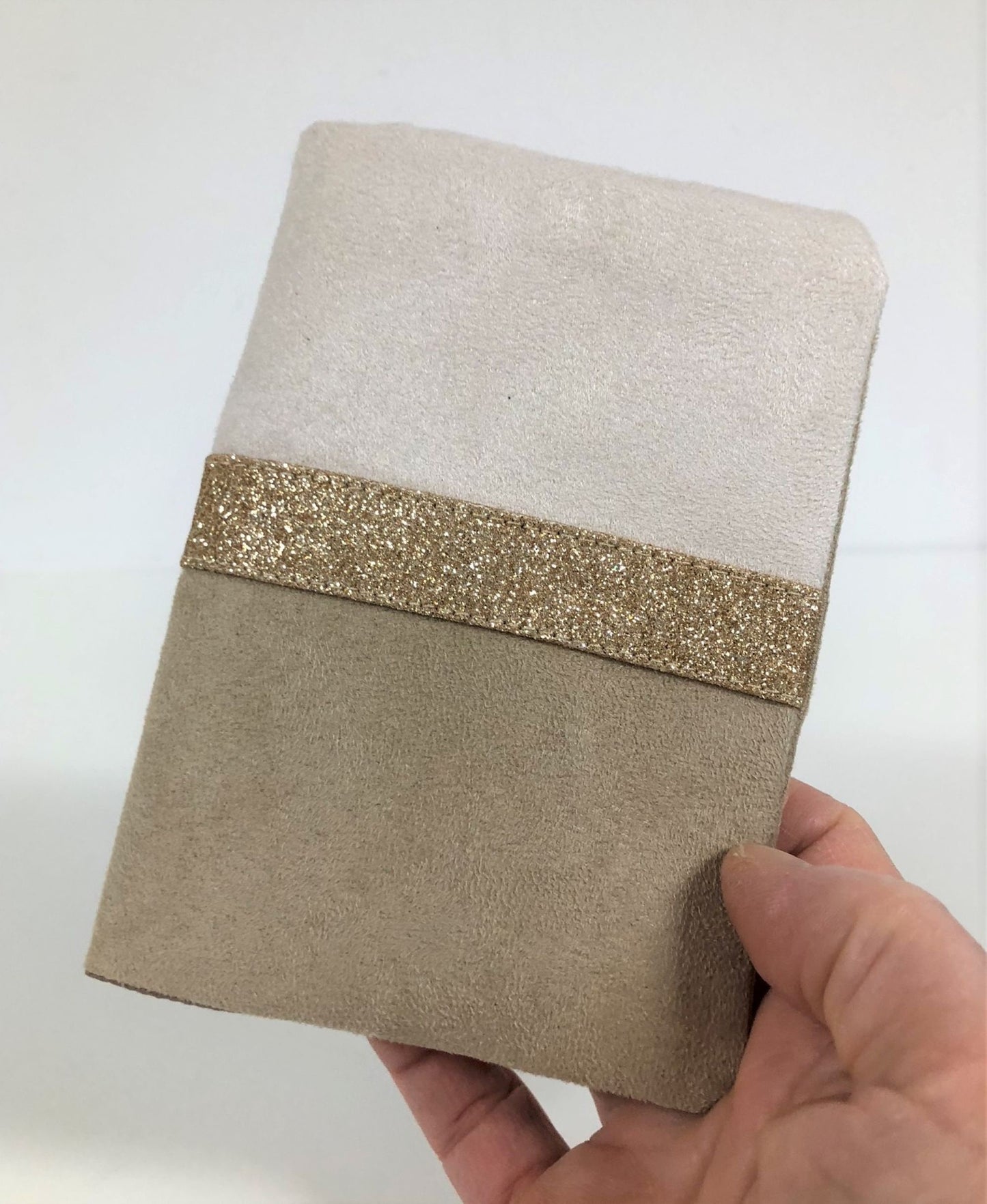 Ecru and beige passport cover with gold sequins