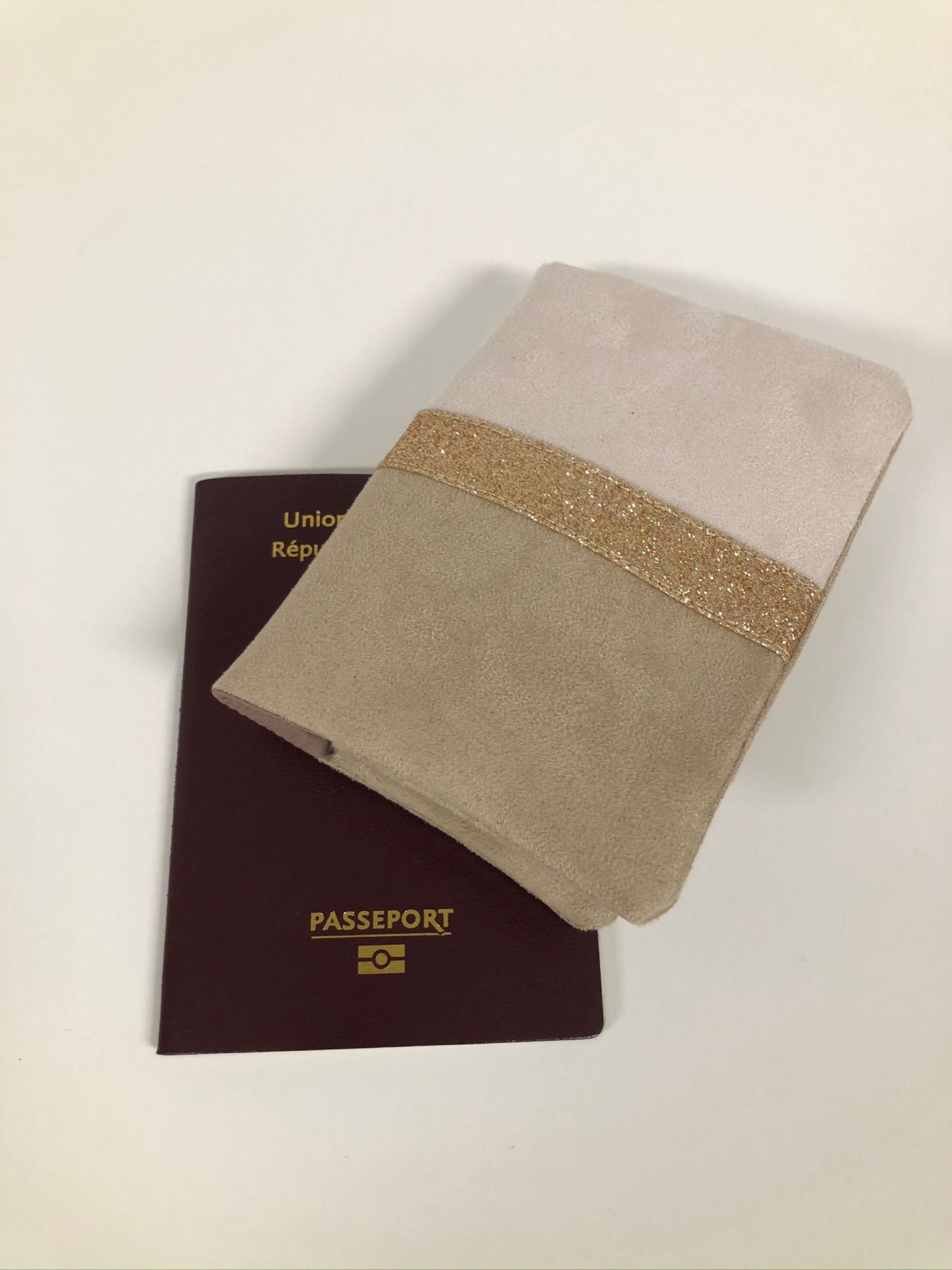 Ecru and beige passport cover with gold sequins