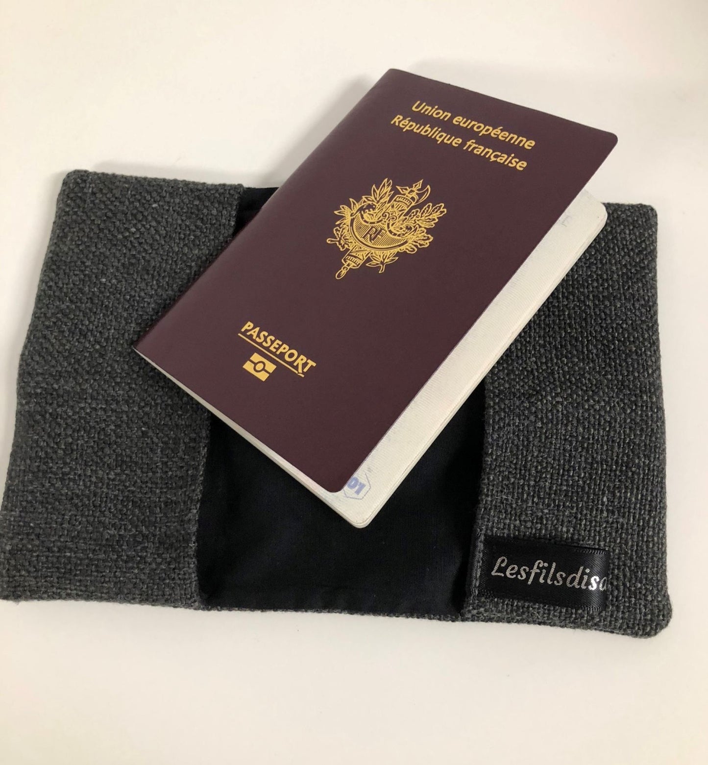 Charcoal gray and black linen passport cover