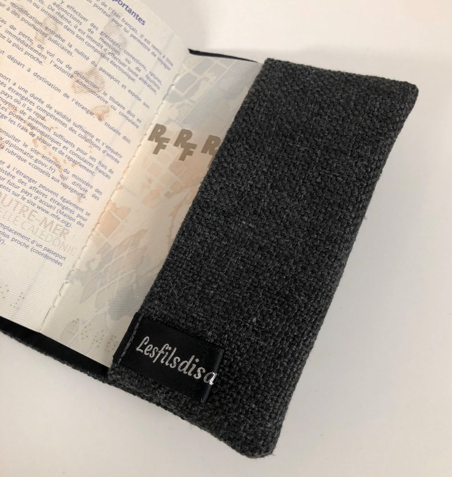 Charcoal gray and black linen passport cover