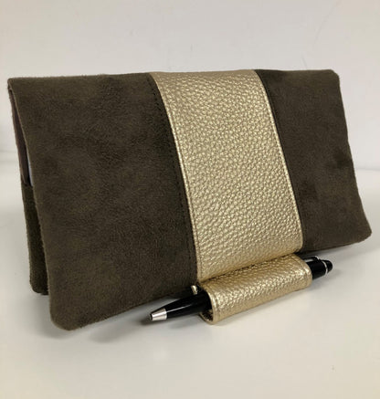 Brown and gold checkbook holder with pen holder