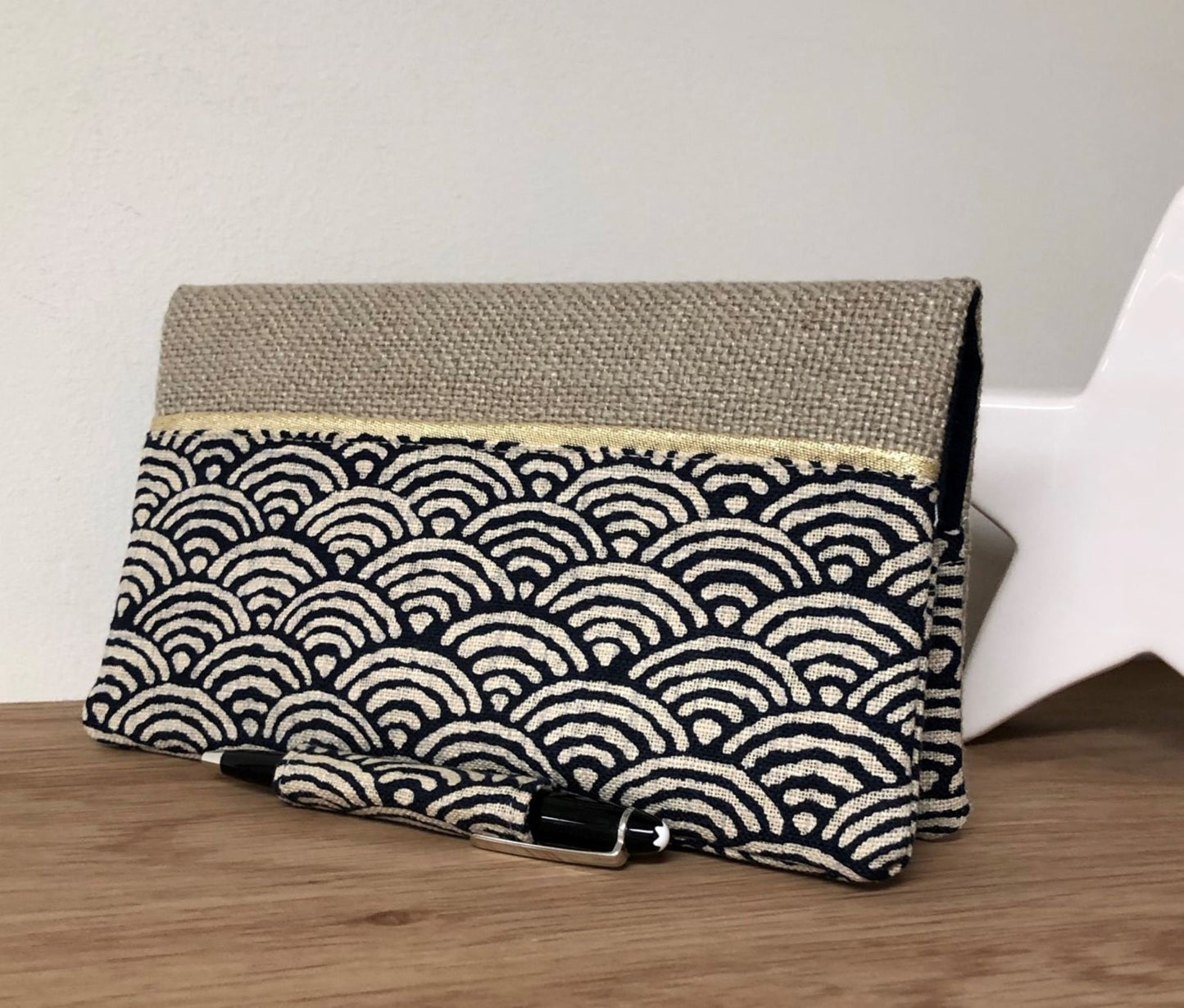 Checkbook holder with pen holder in linen and midnight blue Japanese Seigaiha fabric
